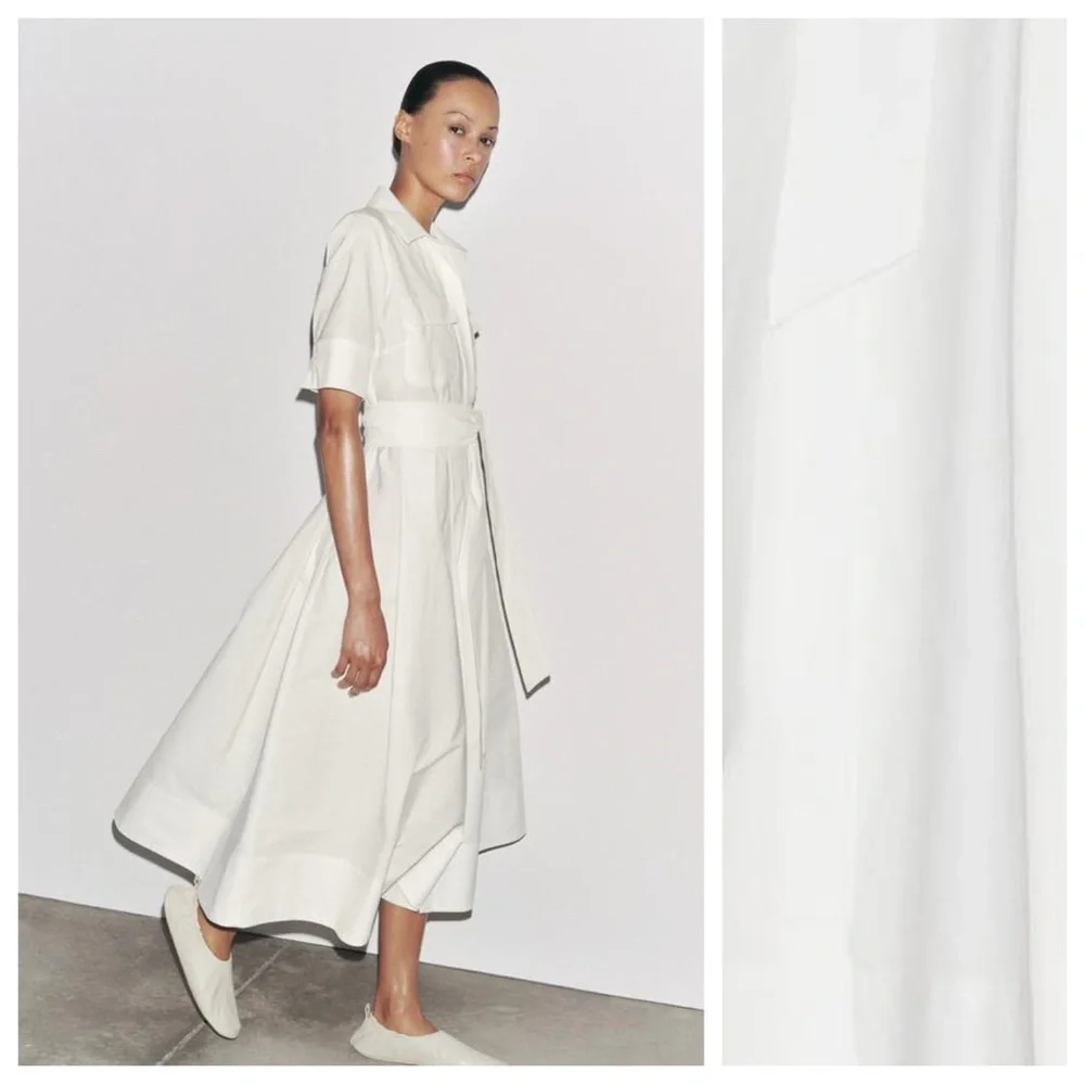 NWT. Zara ZW Collection Oyster-White Cotton Blend Midi Dress. Size M. - Picture 3 of 10